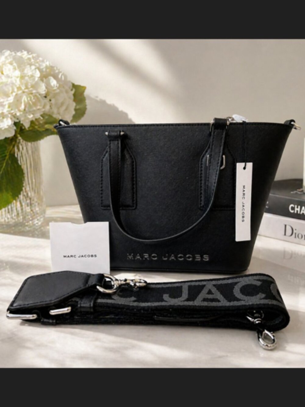 NWT Marc Jacobs Black Leather Tote w Logo Strap Crossbody Satchel $450 Retail